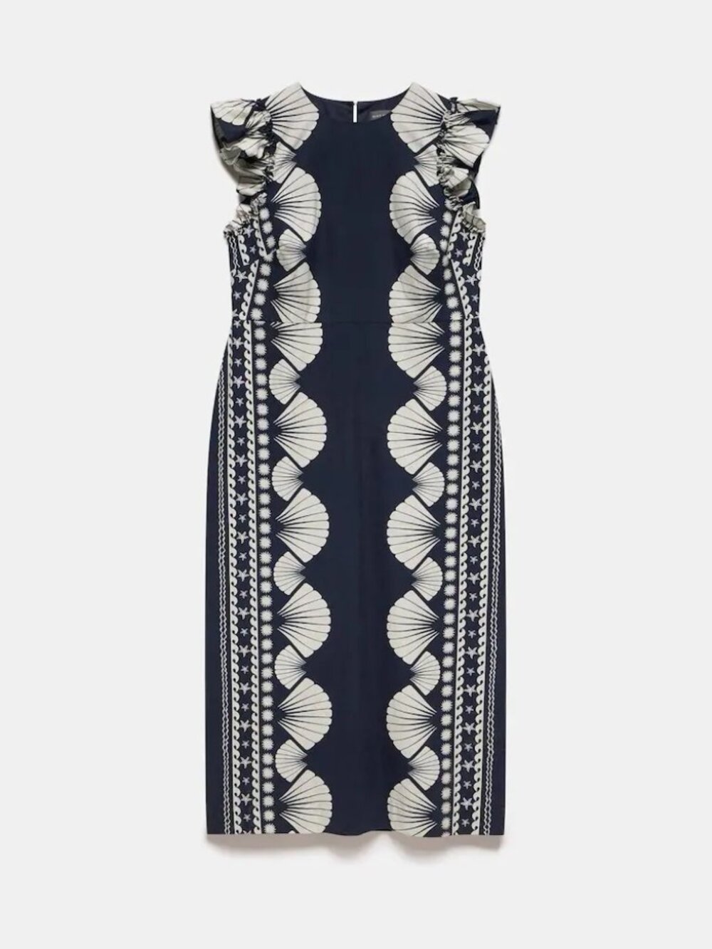 Mint Velvet Blue Shell Print Cotton Midi Dress NWT US 6 Ruffle Sleeve